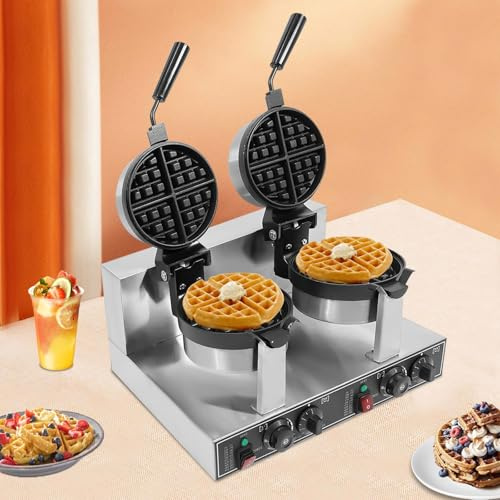 Sunseota Commercial Dual-Head Rotating Non-Stick Round Belgian Waffle Maker - 2400W Stainless Steel Waffle Iron Machine for Restaurant or Bakery - Temperature and Time Control