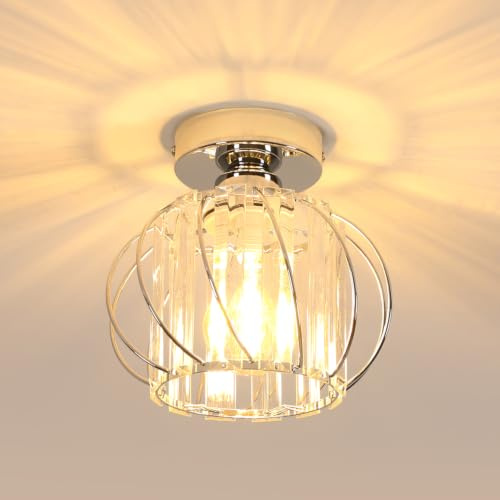 Goeco Modern Deckenleuchte Kristall E27 Spiralkäfig Deckenlampe Chrom | 19CM Vintage Pendelleuchte mit Käfig-förmigen Lampenschirm Metall Lampenschirm in Käfigform für Esszimmer, Flur, Wohnzimmer