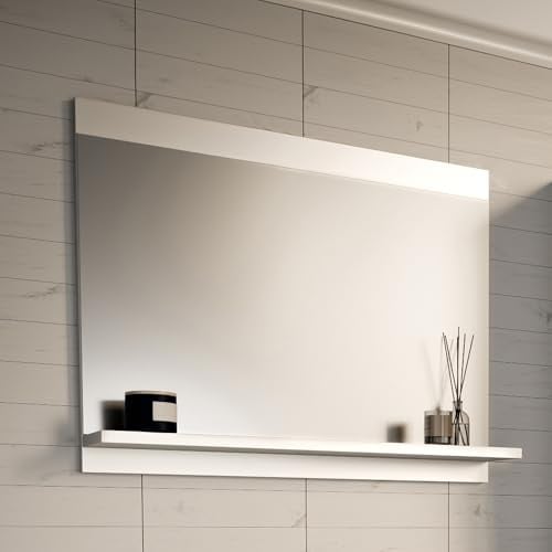 [en.casa] Miroir Mural Élégant Rectangulaire avec Étagère Pratique Rangement et Effet Agrandissant Montage Simple pour Salle de Bains Panneau de Particules Verre 60 x 50 x 12 cm Blanc