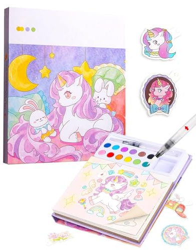 BNREOZA Einhorn Malbuch mit Wasserfarben für Kinder: 12 Farben 3-in-1 Malset mit 3 Arten Malvorlagen & Pinsel | Bastelset, Lernspielzeug für Jungen Mädchen ab 3 Jahren | Ohne Kleckern Wasserfarbkasten