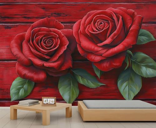 FBRUIEG 3D-Tapete mit Rosen, Motiv: Rote Rosen, romantische Blumen, Wandbilder für Wohnzimmer, Schlafzimmer, Büro, Hotel, Bar, Deckendekoration – 250 x 175 cm