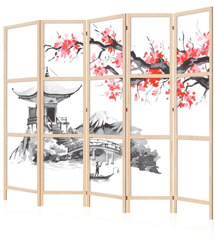LUMASOUL Japanische Trennwand Paravent Raumteiler 225x172 cm Japan | 5 teilig Dekorativ, Shoji-Stil, faltbar, freistehend, als Sichtschutz für Wohnräume