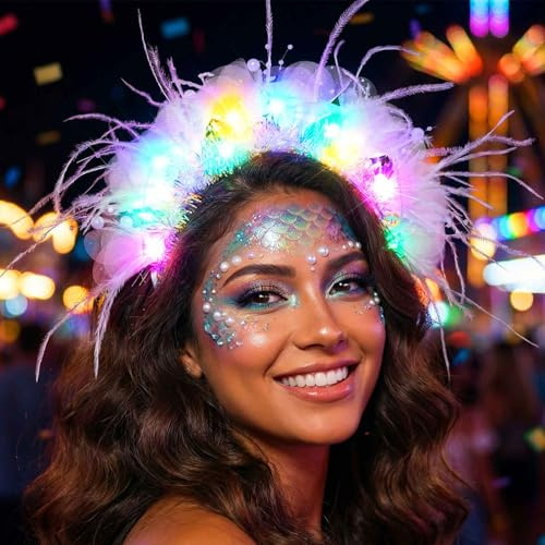 Fashband Bandeaux de fleurs LED, bandeau lumineux perlé, plumes, accessoires capillaires de festival et de carnaval pour femmes