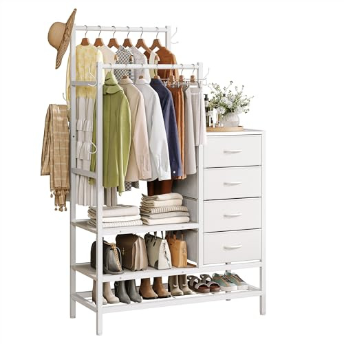 Feonase 3 in 1 Kommode Schlafzimmer, inklusive 4 Stoffschubladen, mit 2 Kleiderstange und 5 Kleiderhaken, das untere dreilagige Aufbewahrungsdesign kann Schuhe, Taschen, Kleidung und andere