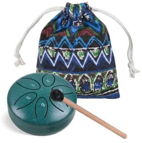 Zungentrommel 3 Zoll 6 Töne, Small Steel Tongue Drum, Regentrommel Stahlzungentrommel, mit Schlagzeug Sticks und Stoffbeutel für Meditation Yoga (Grün)