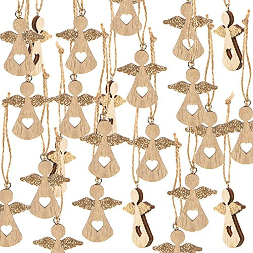 Logbuch-Verlag 24 kleine Engel Weihnachtsanhänger aus Holz Natur Gold natürliche Weihnachtsdekoration Holzengel Baumschmuck 5 cm