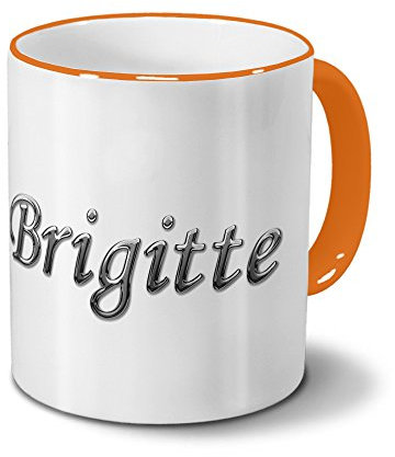printplanet Tasse mit Namen Brigitte - Motiv Chrom-Schriftzug - Namenstasse, Kaffeebecher, Mug, Becher, Kaffeetasse - Farbe Orange