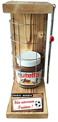 Trainer Geschenk Ideen Fußball Handball - Nutella Glas- Eiserne Reserve Gitter incl. Säge - Geschenke Set für Männer Frauen - Text rot: Für unseren Trainer
