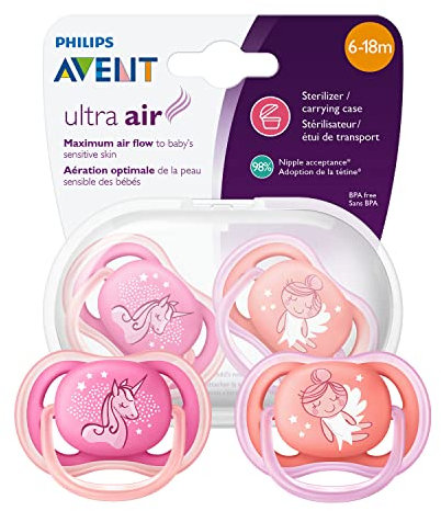 Philips AVENT SCF345/22 Ultra Air Dummy 6-18 months, Breathable Orthodontic, BPA free, Double pack, Angel/Unicorn