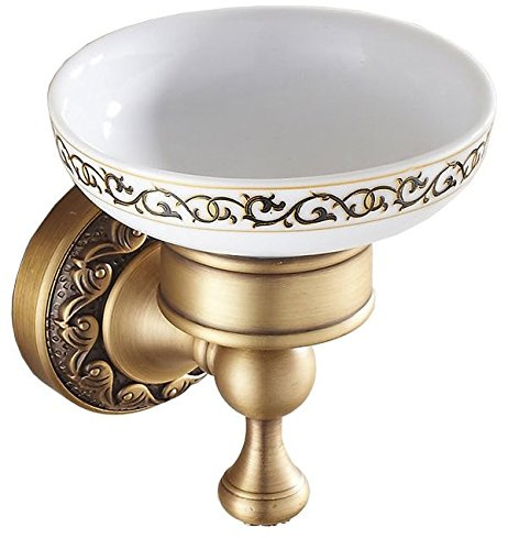 Antique Brass Bathroom Sink Soap Dish with Wall Mounted Ceramics Plate