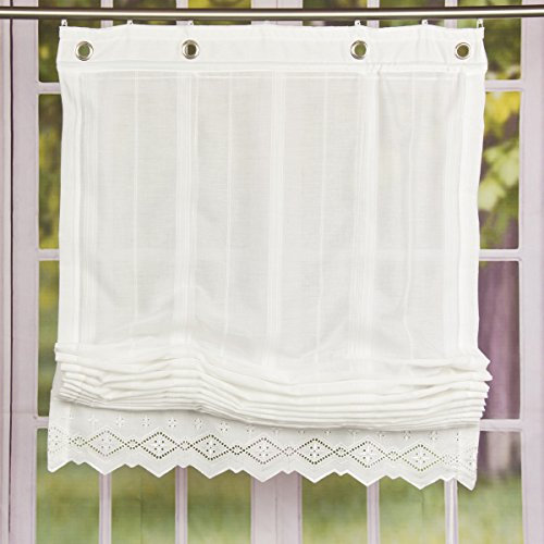 SCHÖNER LEBEN. Pull Roller Blind Embroidered with Lace 85 x 245 cm Wool White