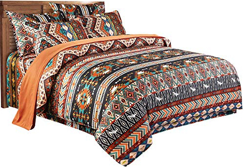 Loussiesd, set di biancheria da letto in stile etnico vintage bohémien, per letto matrimoniale, con stampa retrò in microfibra e 2 federe con cerniera colorata.
