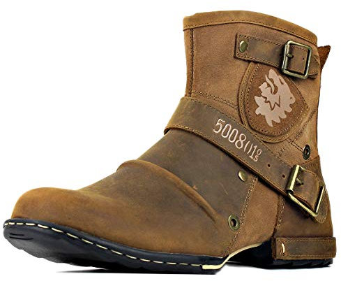 OSSTONE Chukka Stivali Cowboy Biker Boots Maschio Mens motociclo Botas cerniera su in Pelle Vitello Western retrò stile Uomo Stivali Piatto Caviglia Stivaletti Boots 5008-1-B-IT giallo 10.5