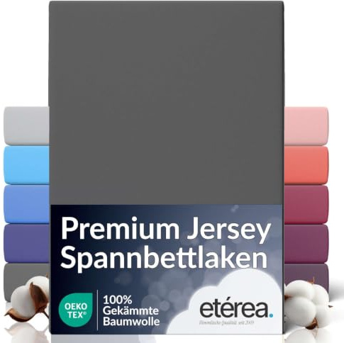 etérea Jersey Spannbettlaken 180x200 cm Anthrazit – Premium Spannbetttuch 100% gekämmte Baumwolle, 160 g/m², Rundumgummi für Matratzen 15-25 cm, Oeko-TEX bügelfrei & farbecht