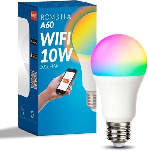 M Ledme - Lampadina LED Smart WiFi A60 10W (Eq. 90 W) presa E27, senza Hub, RGB+CCT, dimmerabile, luce bianca e colorata, compatibile con Alexa e Google Home, LM7141