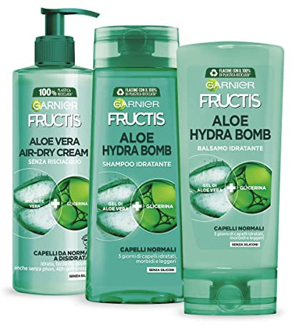 Garnier Fructis Routine Hydra Bomb, Komplett-Set mit Shampoo, Conditioner und Behandlung ohne Ausspülen, für normales Haar, mit Aloe Vera Gel und pflanzlichem Glycerin