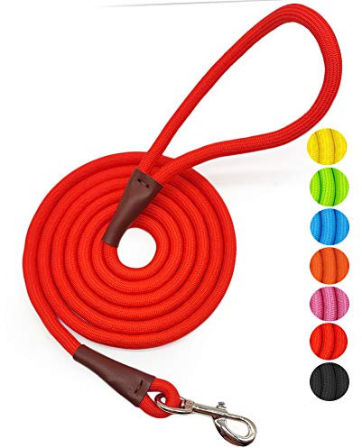 MayPaw 4FT/6FT/8FT/10FT Dog Lead, Classic Solid Colors, Strong Nylon Rope Dog Lead Reinforced with Leather Tailor Connection Heavy Duty Silver Clasp (6ft*1/2, Red)
