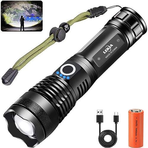 Torcia LED Potente 90000 Lumen, Professionale Ricaricabile Tattica Militare Torce XHP70.2, Elettrica Torcia IP65 Impermeabile 5 Modalità Alta Potenza Campeggio Torcia Zoomabile con 26650 Batteria