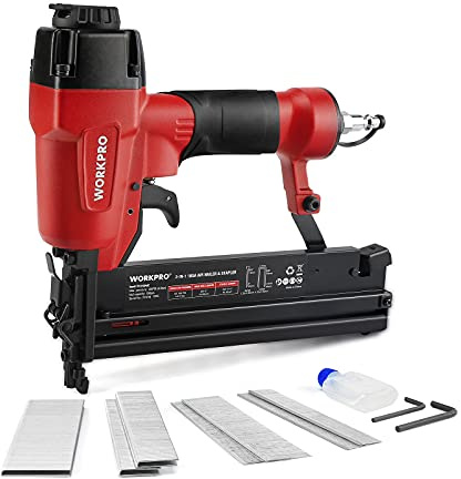 WORKPRO Pneumatic Brad Nailer, 18 GA, 2 in 1 Nail Gun and Crown Stapler, with 400pcs Nails/ 300pcs Staples, for Carpentry, DIY Project, Woodworking