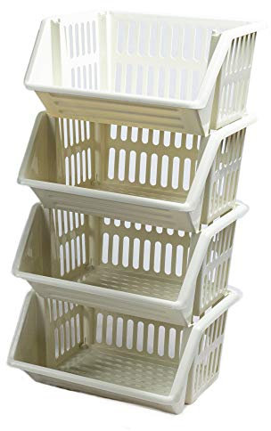 Large 4 Tier Stacking Baskets Storage Veg Rack Plastic Stackers, Black, Length 35.5 cm x Depth 30 cm x Height 17.5 cm (Cream)