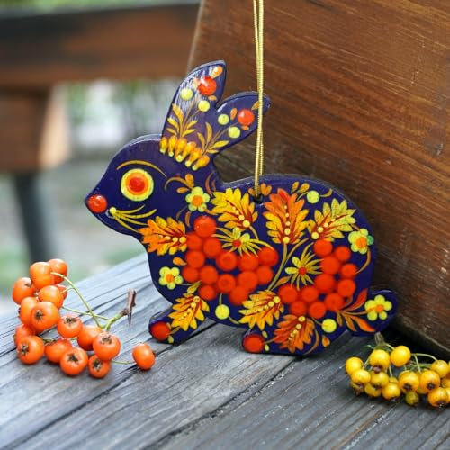 Hase Osteranhänger - Osterhase aus Holz mit gelben Blümchen handbemalt nach Ukrainischer Tradition Tiere Christbaumschmuck für den Kinderweihnachtsbaum