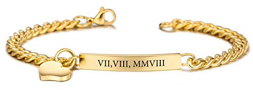 INBLUE Pulsera Personalizada con Grabado Nombre Fecha ID para Mujer Novia Tobillera de Barra de Acero Inoxidable con Etiqueta de Corazón Amistad Dama de Honor Joyería Regalo(Color Dorado)