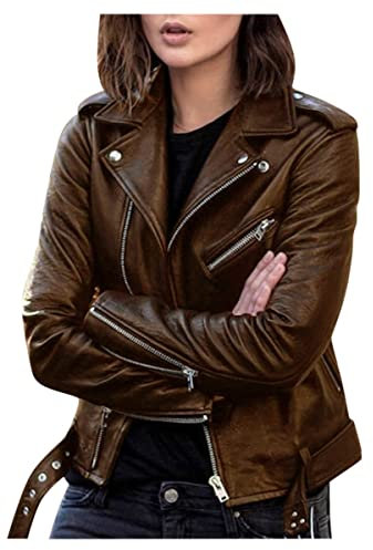 Freenfitmall Cappotto da donna Dark Academia Primavera Autunno Cerniera Moto Giacca Donna Breve In Ecopelle Giacca, Marrone, S