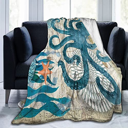 Abucaky Fleece-Überwurfdecke, blau, Oktopus, nautische Karte, ultraweich, gemütlich, dekorativ, Flanelldecke, alle Jahreszeiten, für Zuhause, Bett, Couch, Stuhl, Reisen, 127 x 101,6 cm