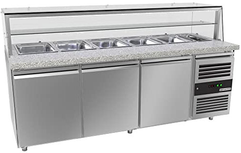 GGM Gastro | STS2000NOD#GSSTS2000O | Saladette PREMIUM - 2020mm - 3 Türen - mit Glasaufsatz für 5x GN 1/1 & 1x GN 2/4 & 1 Ablage