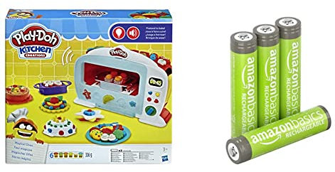 Play-Doh Kitchen Creations Le Four Magique avec 6 Pots, pâte à Modeler, pour Enfants, dès 3 Ans & Amazon Basics Piles Rechargeables AAA, pré-chargées - Lot de 4 (Le visuel Peut différer)