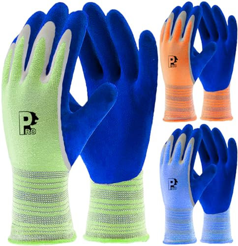 PROGANDA Gardening Gloves 3 Pairs for Men Women, Superior Grip Latex Double Coating Durable Work Gloves, Colourful Comfortable Breathable, Garden Construction Car Outdoor