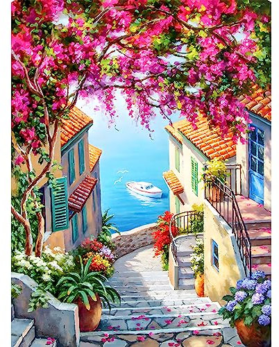 Peinture Diamant Adulte,Paysage Mer 5D Diamond Painting Complet,Diamant Strass Point de Croix Cristal Painting,Fleurs et Arbres Diamant Kit Enfants,Murale Décoration,30x40 cm