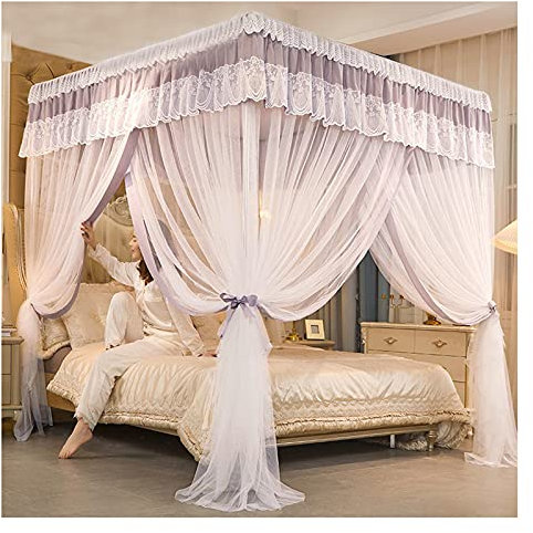BUJOG Prinzessinnen-Bettvorhänge, Himmelbett, Himmelbett, Mädchen-Baldachin für Schlafzimmer, doppelte Stickerei, Spitze, Moskitonetz, Verdunkelung, King-Size-Betthimmel mit Metallhalterung (Größe