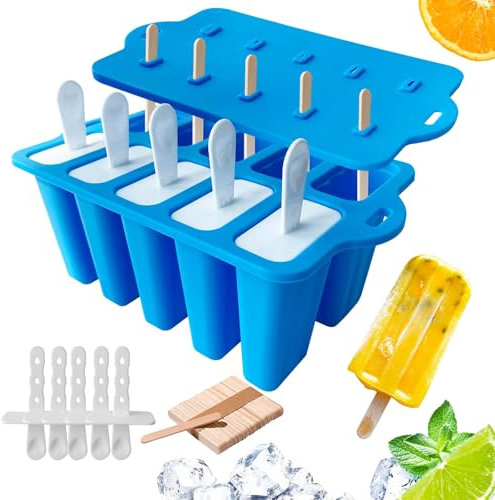 Midnadiy Moldes Helados Silicona - 10 Cavidades Moldes para Helados con Palos, Molde para Paletas sin BPA de Fácil Liberación, Accesorios Especiales para Congelador (azul)