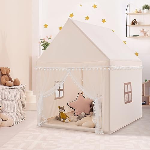 DREAMADE Tente de Jeu pour Enfant avec Tapis Épais,Cabane Garçons Filles Intérieur Extérieur avec Cadre en Bois&Moustiquaire&Fenêtre Maillée&,105x120x140CM (Beige)
