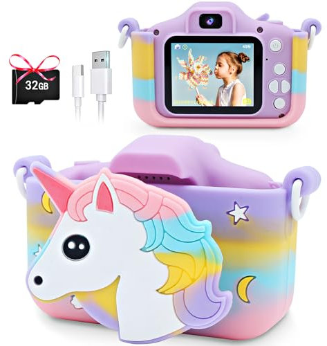 Kinderkamera, POSO Digitalkamera Kinder mit 32GB -Karte,2,0-Zoll-Bildschirm 1080P Fotoapparat Kinder für 3-10 Jahre Jungen und Mädchen, Einhorn Weihnachten Spielzeug