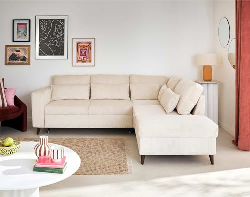 Aubepine - beidseitig montierbar 5-Sitzer - Schlaffunktion und Bettkasten - aus Cordstoff Beige