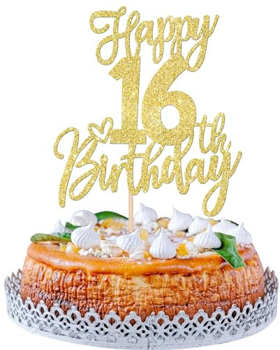 SYKYCTCY 1 Pack Happy 16th Birthday Cake Topper Gold Glitter Cheers to 16 Years Birthday Cake Pick 16 Fabulous Cake Decoration for Happy Birthday Theme Anniversary Party Supplies
