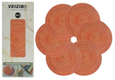 VEIZIBEE Tovagliette Lavabili Rotonde,Tovagliette intrecciati a mano,Antiscivolo,interni,Set di 6 Tovaglietta Colazione in tessuto intrecciato per cucina stile in europeo (Arancione scuro, 38cm)