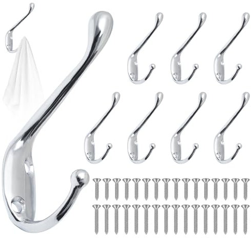 GOTRUST 8 Ganchos para Percheros Vintage Plata, Perchero Pared Individuales Retro, Percheros de Doble Punta, Gancho Perchero de Metal con 16 Tornillo para Dormitorio, Armario, Baño