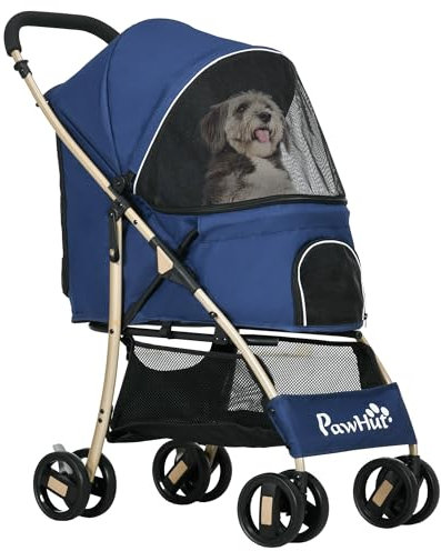 PawHut Poussette pour chien buggy pliable chariot pliante panier de rangement laisses de sécurité, coussin inclus roues avec frein tissu 600D Oxford acier dim. 80L x 44,5l x 97H cm bleu foncé