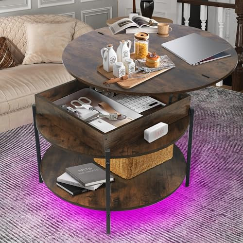 Mmucco 35.43 Round Lift Top Coffee Table with 2-Tier Storage, Circle Storage Coffee Tables with LED Light for Living Room,Round Storage Coffee Table for Home Office