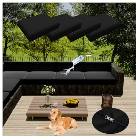 HonunGron 4er Sofa Sitzkissenbezug, Wasserdicht Sofa Sitzkissenbezüge Mit Reißverschluss, Outdoor Bezüge Für Gartenpolster, Auflagen überwürfe Hussen Für Gartenmöbel/Terrasse (60 * 55cm,Schwarz)