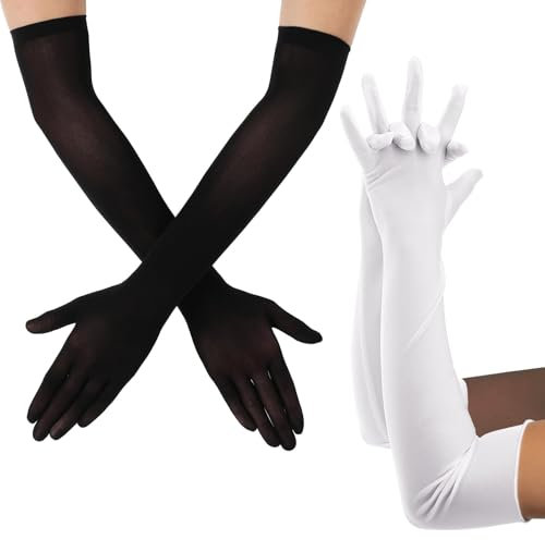 Geaanen 2 Paar Lange Handschuhe für Damen, für Halloween Cosplay Oper Hochzeit Brautparty Abschlussball (Schwarz+Weiß)