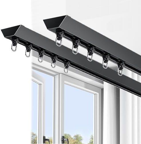 2-Läufige Gardinenschiene,Vorhangschiene Aus Aluminiumlegierung, Komplettset Mit Zubehör,Doppelte Vorhangschiene Zur Deckenmontage,Deluxe Robuste Gardinenstange Für Raumteiler ,Schwarz,2.5M/8FT