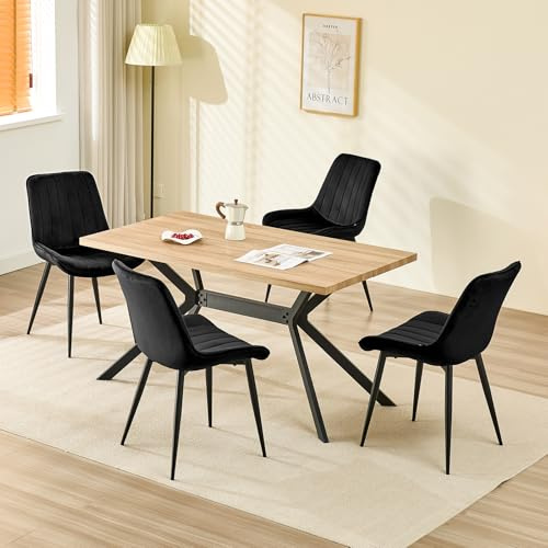 LEWE Esszimmergruppe, Esstisch aus Holz mit 4 Stühle Set, Holland Samt Stuhl, 140 x 80 x 76 cm Tisch, für Esszimmer Küche Wohnzimmer, Langlebig, Rechteckiger Esstisch aus Hellem Holz und Schwarz Stuhl