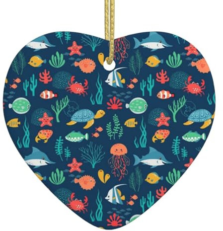 Christbaumschmuck mit Fischschildkröte, Quallen, Keramik, personalisierbar, Herzform, hängende Verzierung