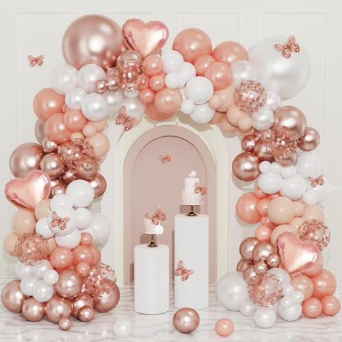 Rosa Gold Geburtstagsdeko, 128 Stück Mattes Weiß Orange Luftballon Girlande Set mit Roségold Konfetti Ballonbogen für Baby Shower Mädchen, Hochzeit, Geburtstagsdeko Frauen, Party Deko, Verlobung
