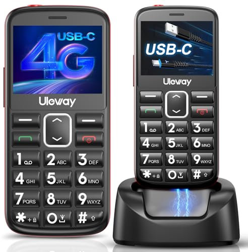 uleway 4G Cellulare per Anziani, Telefono per Anziani con Tasti Grandi, 2.4 Display, Cavo USB C, Dock di Ricarica, Telefonino per Anziani Facili da Usare con Funzione SOS,Chiamata Rapida (Nero)