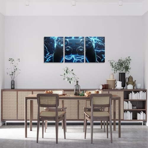 Loussiesd Gaming 3er Poster Set Gamepad Blitzhirn Wandbilder Set Spielzimmer Dekor Deko Bilder Jungen Zimmer Dekoration Leinwandbilder Joystick Controller Poster Set Blau